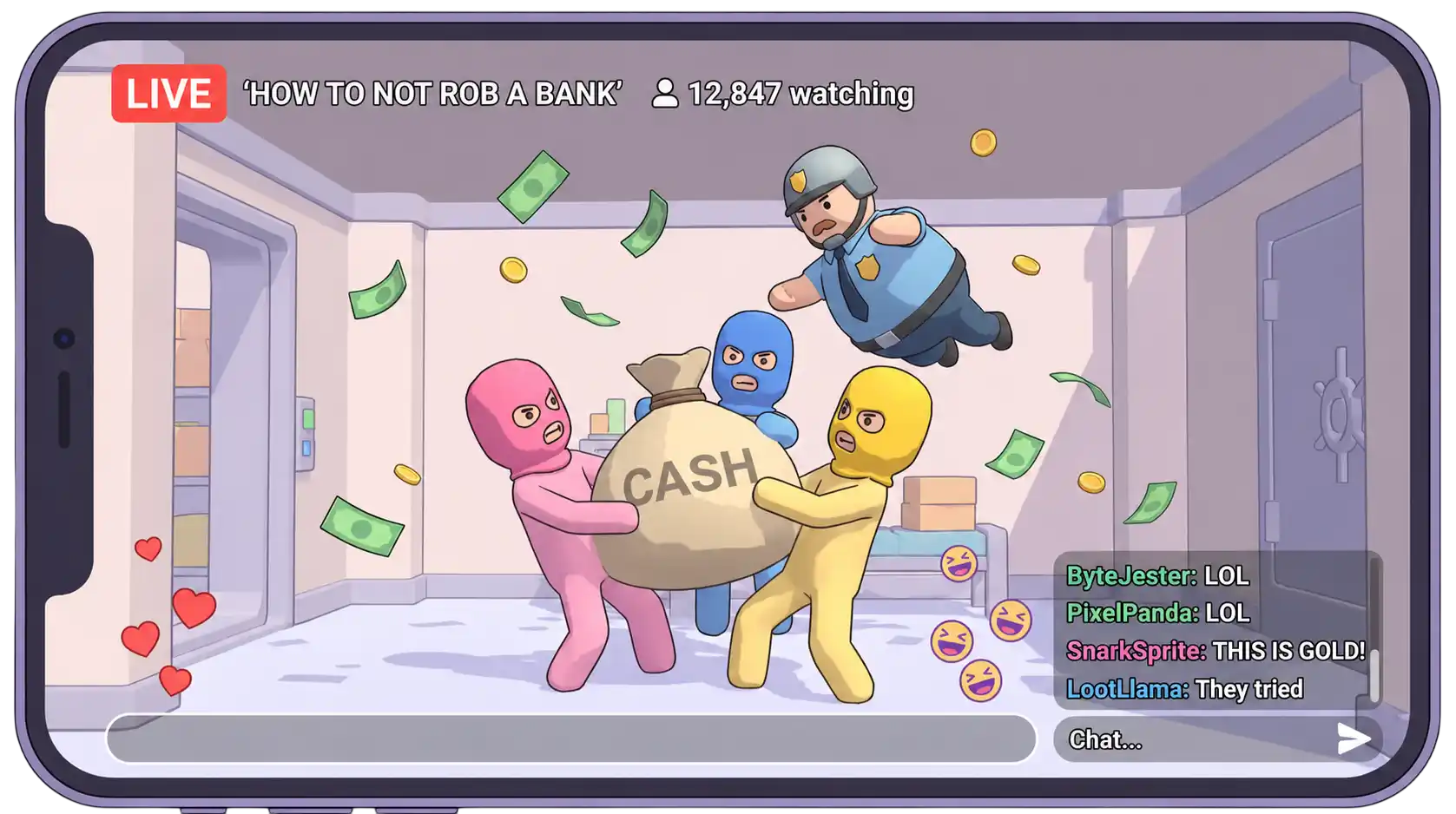 A phone livestreaming the heist: three masked robbers wrestle a giant cash bag while a police officer flies in mid-tackle, framed by a LIVE badge, a viewer count and scrolling chat.