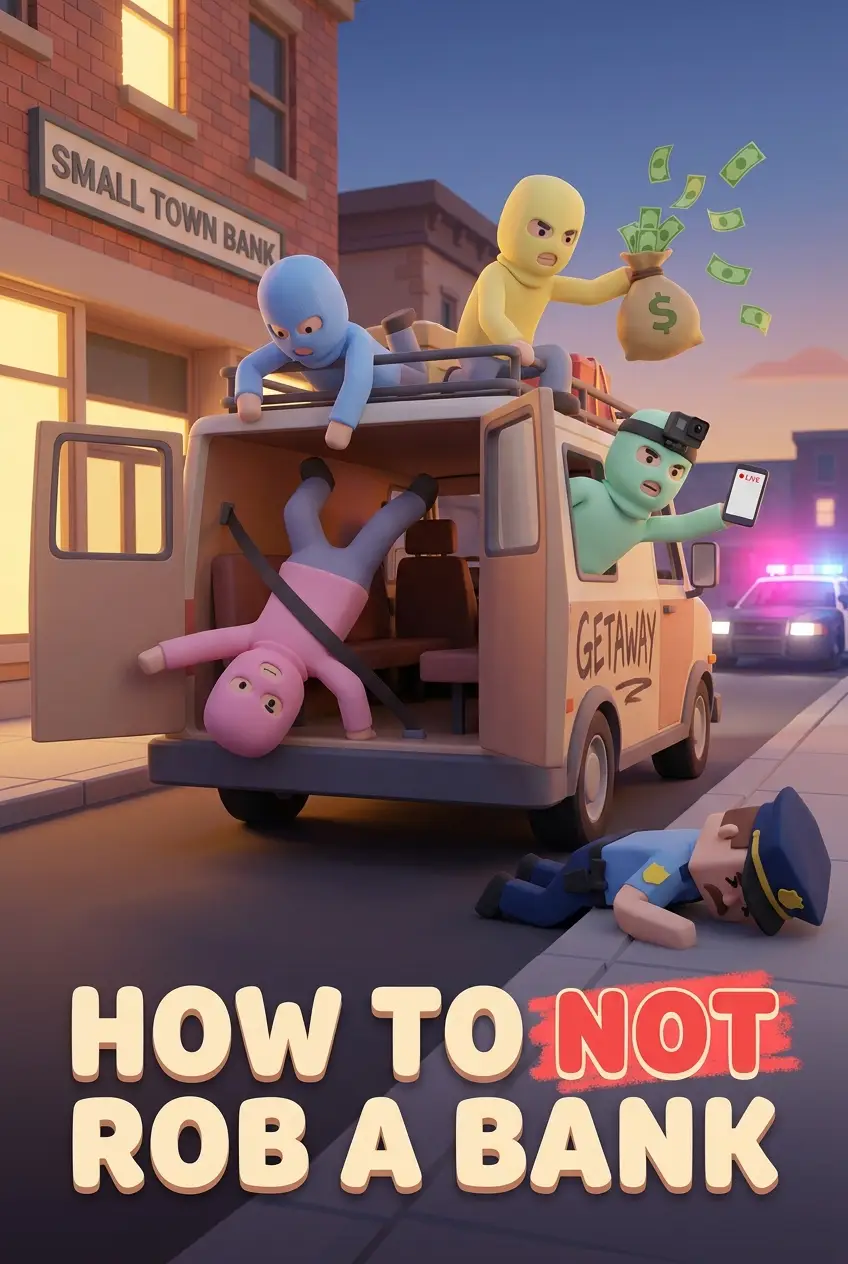How to NOT Rob a Bank poster: four masked robbers pile chaotically into a getaway van outside a small-town bank at dusk, one filming on a phone, while a police officer lies faceplanted on the sidewalk.